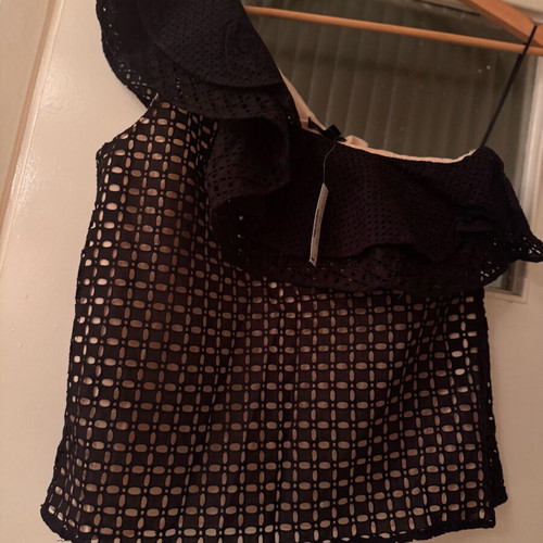 J. Crew One-Shoulder Blouse with Ruffles New, Black and Beige