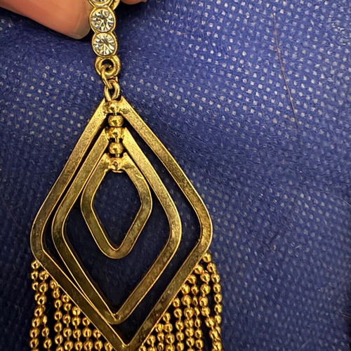 Evening earrings like new, long gold faux with rhinestones