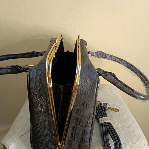 Leather Faux Satchel Bag Croco New With Gold Metal Details