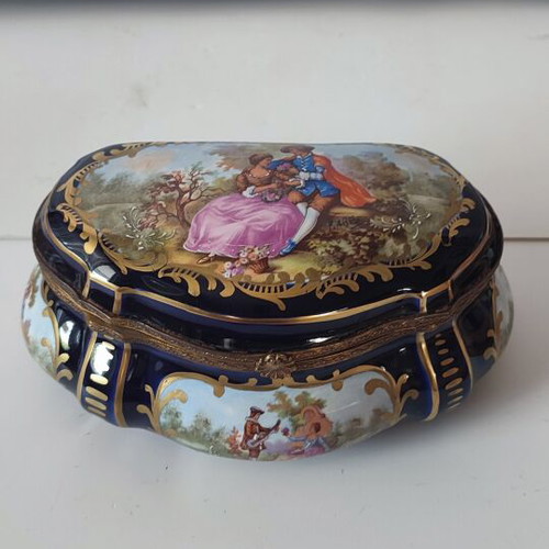 Sèvres Style Porcelain Jewelry Casket, Cobalt Blue with Gold