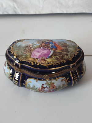 Sèvres Style Porcelain Jewelry Casket, Cobalt Blue with Gold