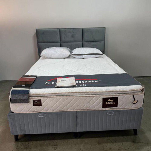 Bed 160x200 with Headboard, Base & Mattress, new, grey water-repellent fabric