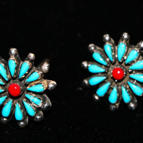 Earrings genuine turquoise and coral 925 sterling silver Navajo Indian new