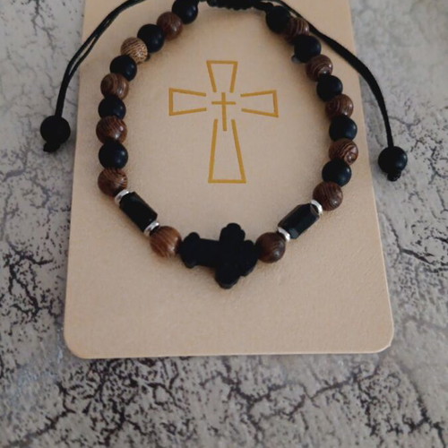 Rosary bracelet with wooden and plastic beads, black and brown, new