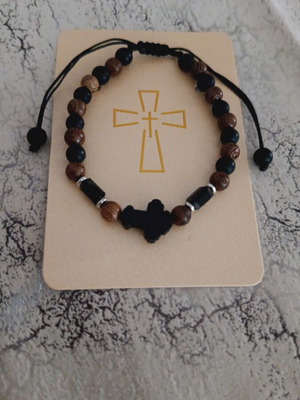 Rosary bracelet with wooden and plastic beads, black and brown, new