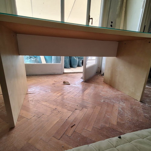 Wooden desk with glass top used, large and comfortable