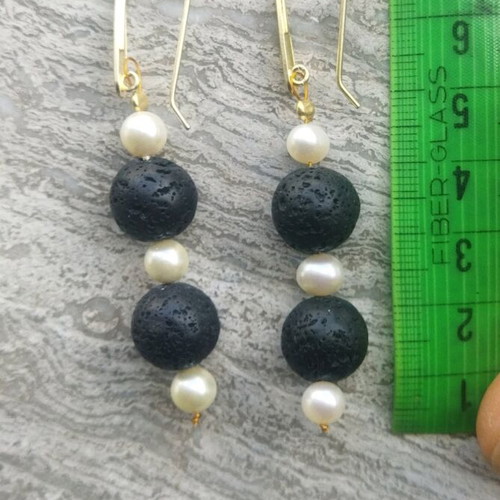 Handmade earrings with lava and pearls, 925 silver new