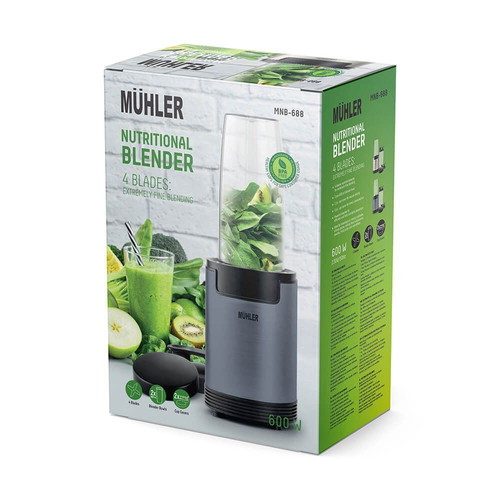 Muhler MNB-688 Nutri Blender 600W with 6 Blades and 2 Cups Ash Grey New
