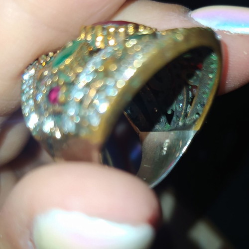 Ring decorated with rubies, emeralds and zirconia, size 7