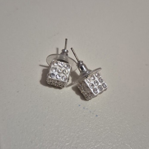 Silver dice stud earrings with rhinestones