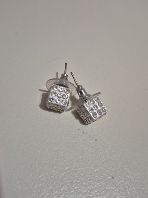 Silver dice stud earrings with rhinestones