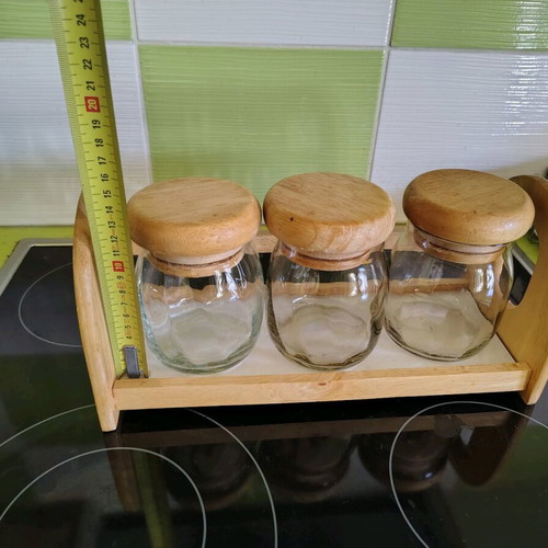 Set of 3 glass containers with wooden lid and base like new