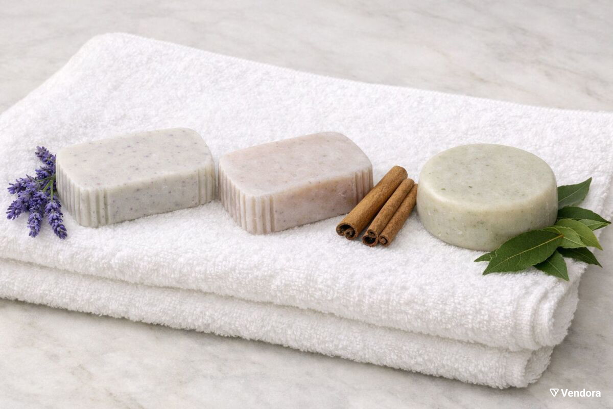 Πακέτο 3 χειροποίητα σαπούνια ελαιολάδου καινούργια με λεβάντα, οίνο - κανέλα και δάφνη