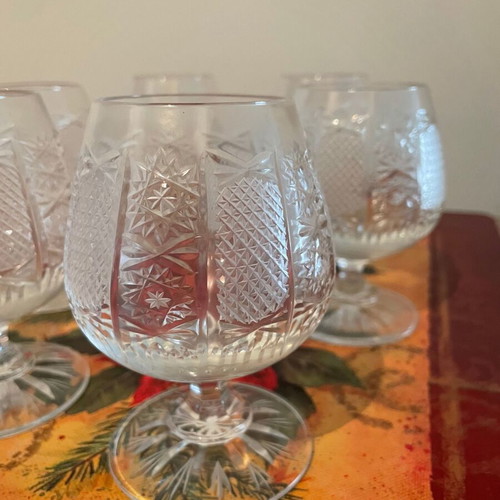 Crystal brandy glasses new, set of 6 with vintage pattern