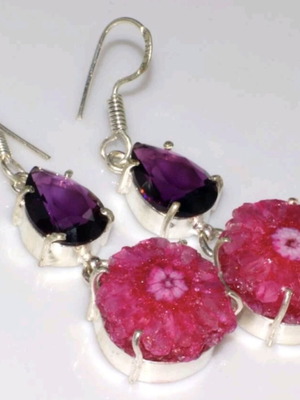 Pink Solar Quartz Amethyst Earrings 2.3" new, 925 silver plated, handmade