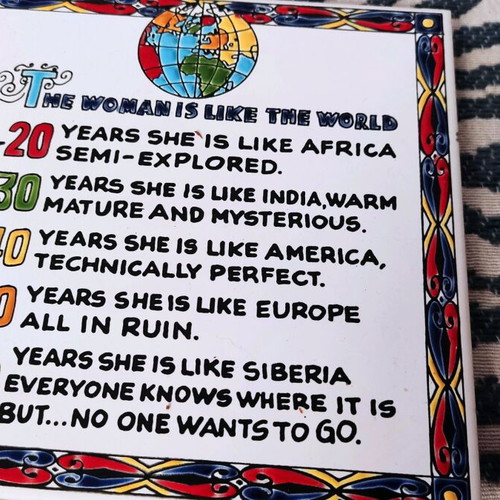 Seventies ceramic tile with humorous message, authentic, handmade