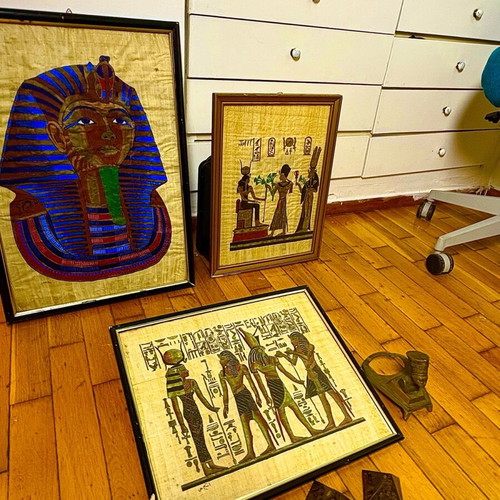 Set of framed real papyrus pictures with bronze or copper statue and marble lamp