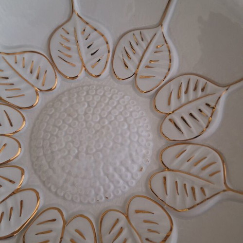 Handmade ceramic platter white with gold decoration, like new