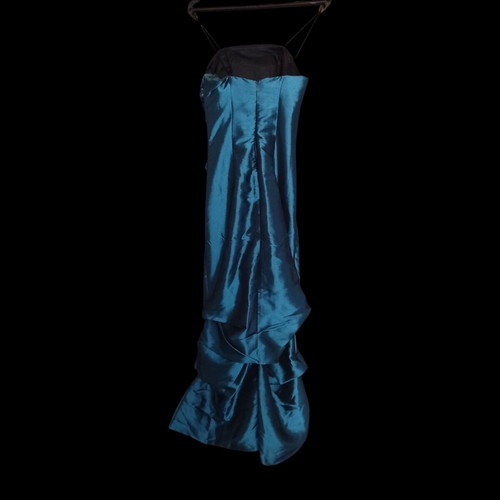 Evening dress, turquoise satin with ruching, size S