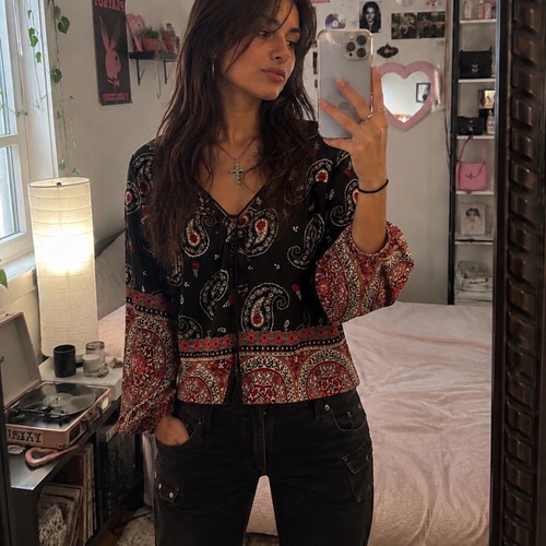 Hollister Boho Shirt New, Black Multicolor