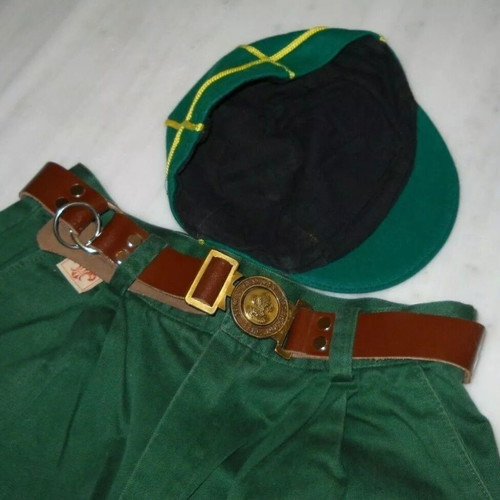 Vintage Greek Scouts set used, shorts, belt and wolf hat