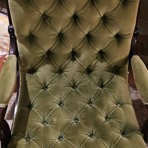 Varagkis recliner used, green velvet with chestnut wood