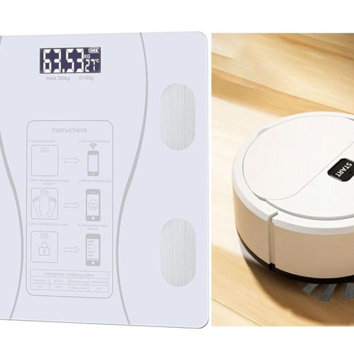 Smart scale and small robot vacuum used, white