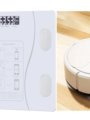 Smart scale and small robot vacuum used, white