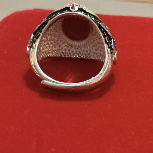 Vintage Tibetan style 925 sterling silver enamel ring with red coral paste cabochon, like new