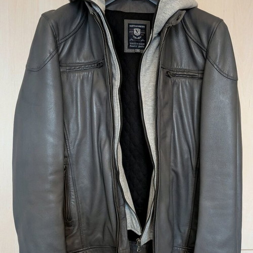 Navy & Green leather men's jacket with detachable hood, like new, medium