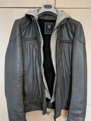 Navy & Green leather men's jacket with detachable hood, like new, medium