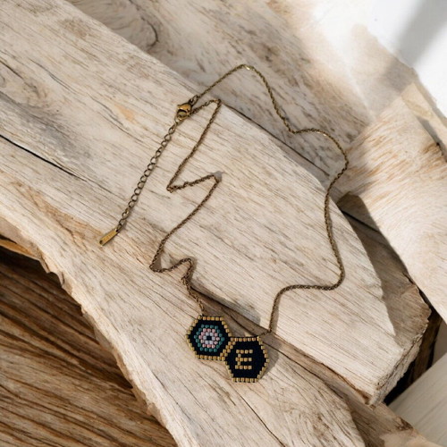 Steel monogram necklace with miyuki eye pendant made to order, black and gold