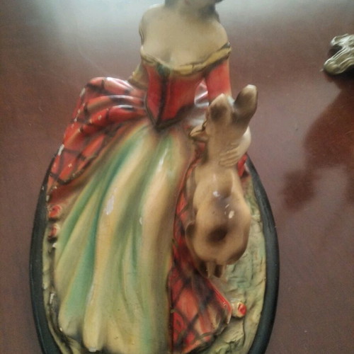 Antique Art deco chalk figurine used, girl with deer