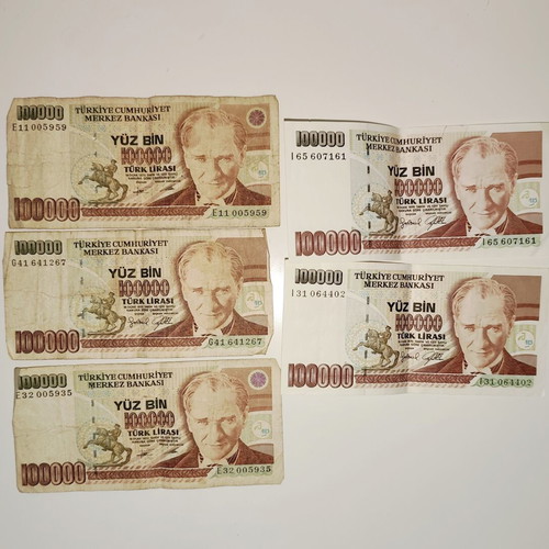 Set of 5 used Turkish 100,000 Lira collectible banknotes