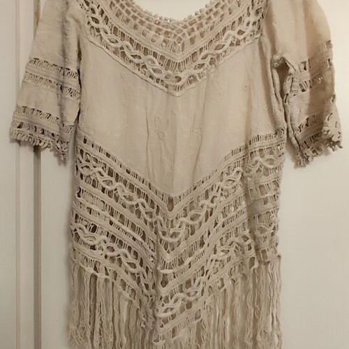 Boho Crochet Beach Kaftan Tunic with Fringes beige like new