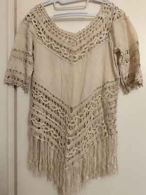 Boho Crochet Beach Kaftan Tunic with Fringes beige like new