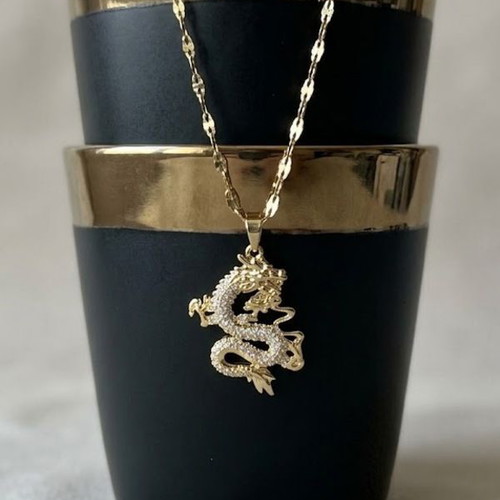 Gold dragon necklace with rhinestones, Gothic fantasy