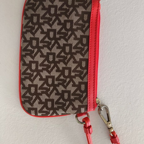 DKNY wristlet bag wallet in grey brown with red trim