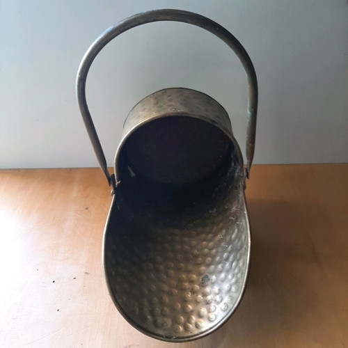 Copper coal scuttle used, hammered helmet style