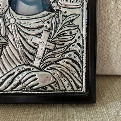 Religious icon used with metal overlay on wooden base