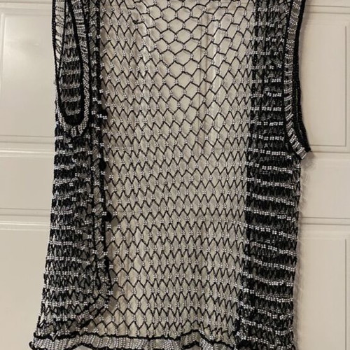 Knitted sleeveless fishnet vest L like new, black with silver beads