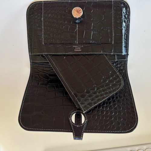 Large black leather Dogon-style wallet with strap and croco texture