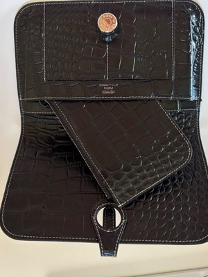 Large black leather Dogon-style wallet with strap and croco texture