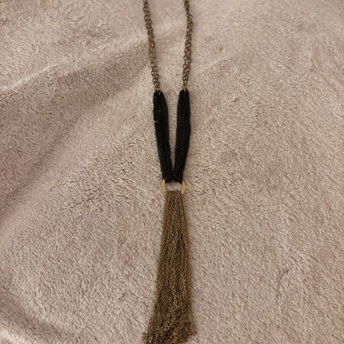 Boho Chic Long Necklace with Black Chains and Bronze Tassel new