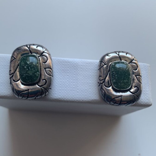 Vintage earrings with semi-precious stones used, nephrite natural stone, clip-on