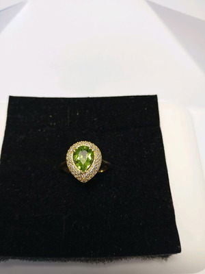 Silver 925 Ring Gold Plated with Pear-Shaped Peridot 7x9 and 78 Hand-Set Zircons Size 54