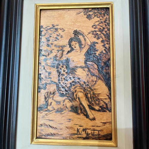 Vintage Pyrography Wall Frame with Greek Mythology and Artist Signature 46x34 used