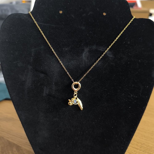 Lucky Charm Necklace with Eye, Feather and Butterfly in Gold Tone