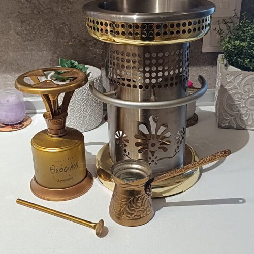 Greek Coffee Maker Set with Theofilos Gas Burner, Briki, and Spoon like new