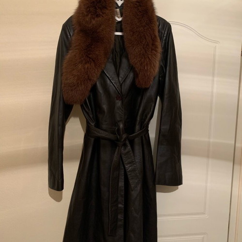 Dimensioni napa leather trench coat with fur collar, new, dark brown
